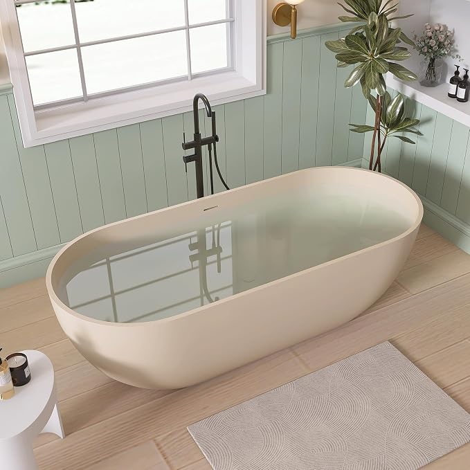 SJ STAR&JANE 69" Solid Surface Freestanding Bathtub, Milk Coffee Stone Resin - Image 3