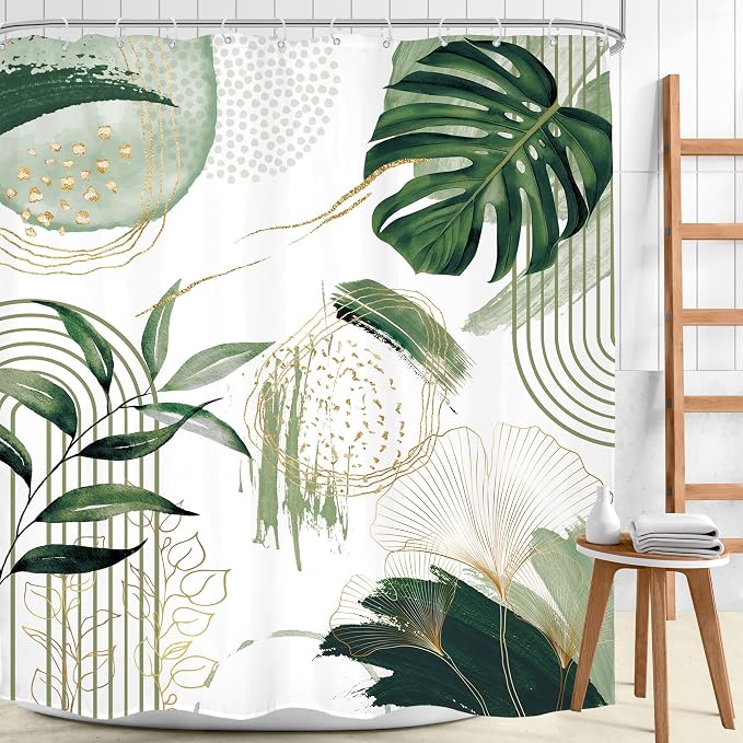 Sage Green Boho Shower Curtain Extra Long Modern Abstract Tropical Leaves - Image 2