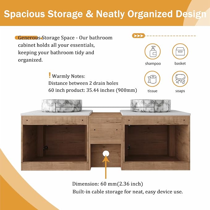 Malwee 60" Floating Bathroom Vanity - Image 7