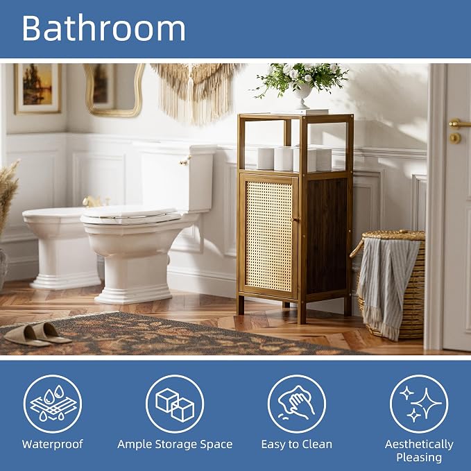 HITNET Rattan Bathroom Floor Cabinet, Bamboo Storage Cupboard - Image 5