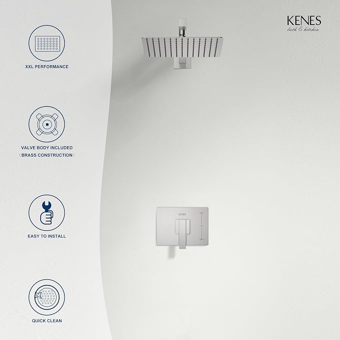 KENES Brushed Nickel 10-Inch Shower Head and Handle Set, Square Shower Faucet - Image 9