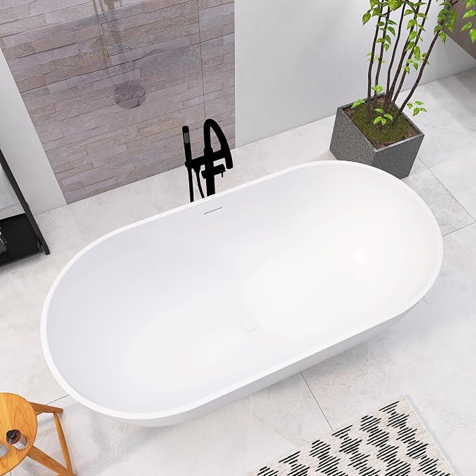 59 Inch Freestanding Bathtub Oval Shaped Solid Surface Resin Stone soaker - Image 7