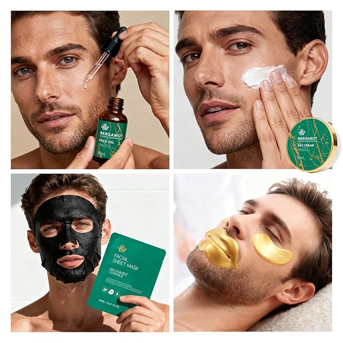 Men Bergamot Facial Skin Care Set, Bath and Body Gift Set, Beard Oil, Face Cream - Image 2