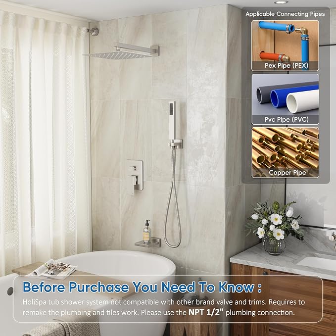 Shower System with Tub Spout, All Metal Tub Shower Faucet Set with 10" Rain - Image 2