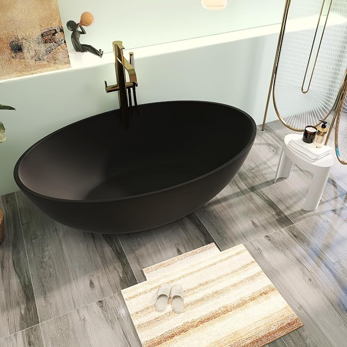 67" Premium Solid Surface Freestanding Bathtubs, Matte Black Oval Stone Resin - Image 2