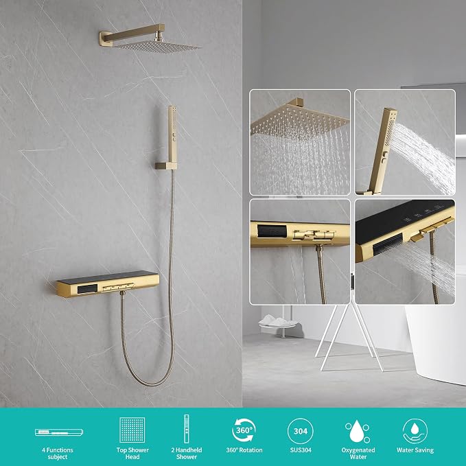 Brushed Gold Rain Shower System Combo: 10" Wall-Mounted Shower Fixtures - Image 2