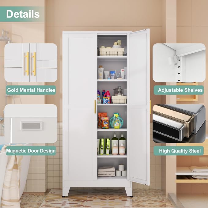 Metal Pantry Cabinet with 2 Doors and 5 Adjustable Shelves, Versatile Storage - Image 3