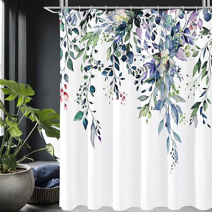 Gibelle Long Shower Curtain 72 x 78, Watercolor Floral Plant Bathroom Curtains by Gibelle