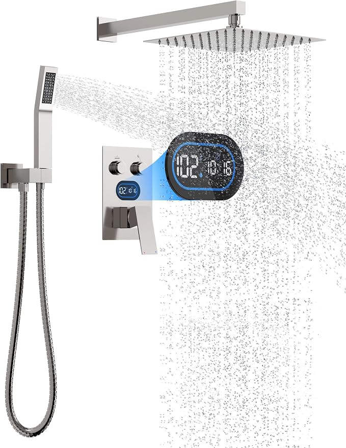 Push Button Diverter Shower Faucet Set Hydro Power Temperature Display by DesignedforaSpa-LikeShower
