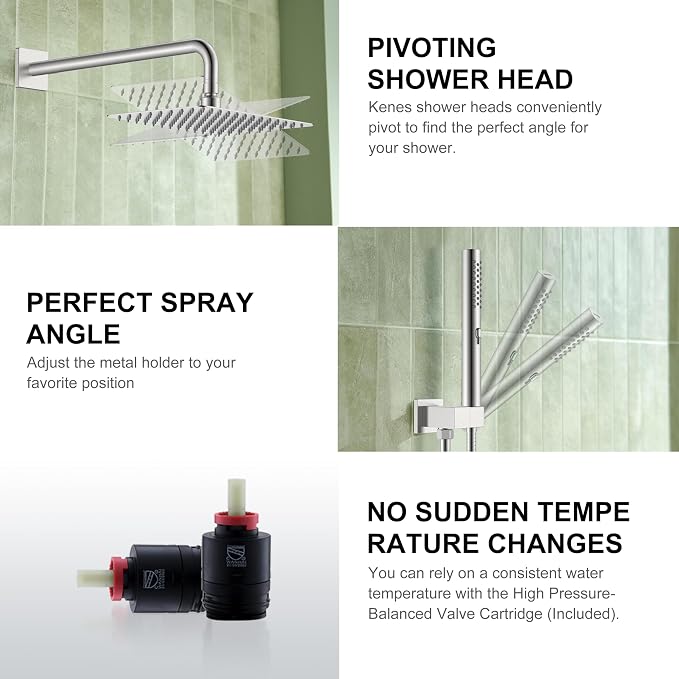 KENES Square Rainfall Shower System Faucet Set, Brushed Nickel Rain Shower Head - Image 8