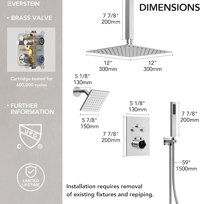 Ceiling Mount 12" High-Pressure Rainfall Shower Faucet, Dual Rainfall Shower - Image 8