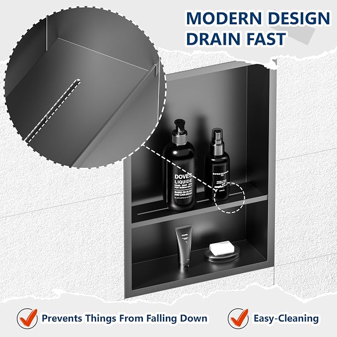 Stainless Steel Shower Niche 18" X 12", No Tile Needed Wall Niche Double Shelves - Image 5