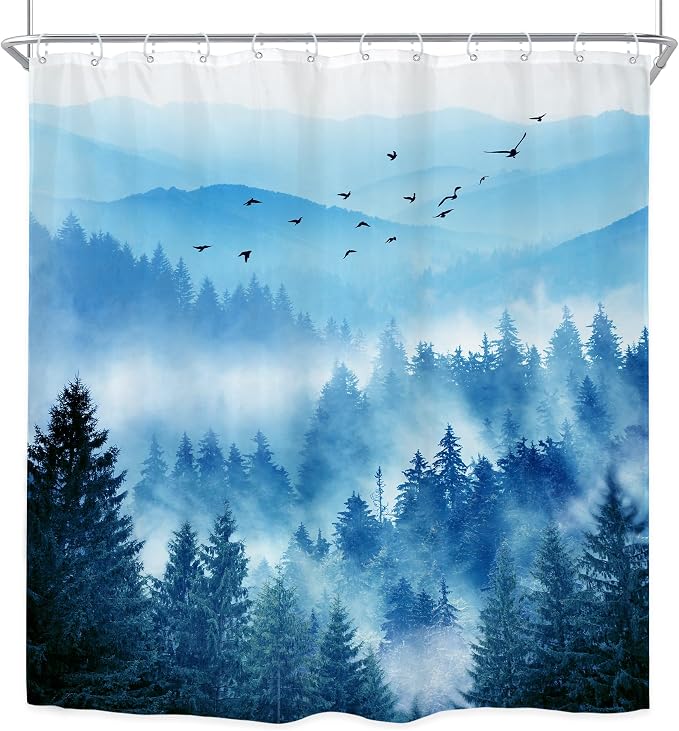 Riyidecor Extra Long Blue Shower Curtain 72Wx78H Inch Foggy Misty Nature - Image 8