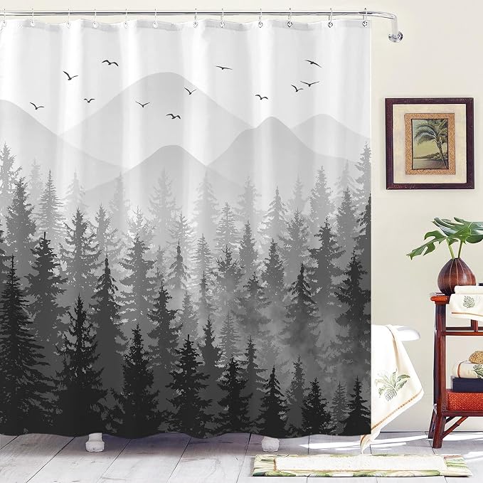 Aipon Black Misty Forest Shower Curtain Gray Ombre Nature Tree Plants Shower by Aipon