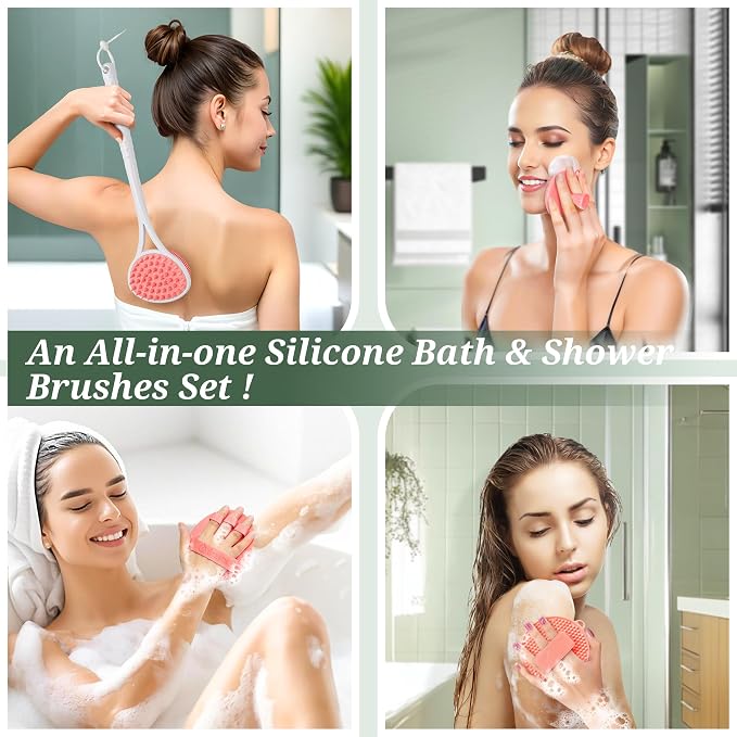 Silicone Back & Body & Face Scrubbers Set 4PCS, 15.35’’ Soft Back Scrubber - Image 6