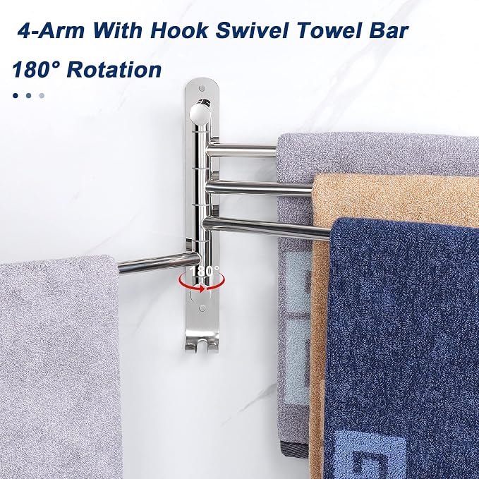 NearMoon Swivel Towel Rack, 13.8" Thicken 304 Stainless Steel 4-Arm Towel Bar - Image 3