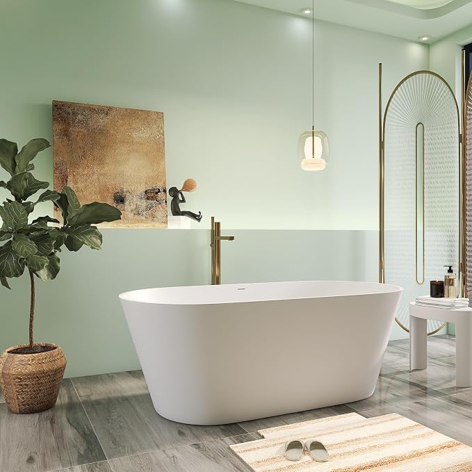 63" Premium Solid Surface Freestanding Bathtubs, Upgraded Oval Stone Resin - Image 4