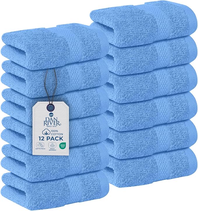 DAN RIVER 12-Pack Premium 100% Cotton Medium Blue Face Towels – Reusable Face by DanRiver
