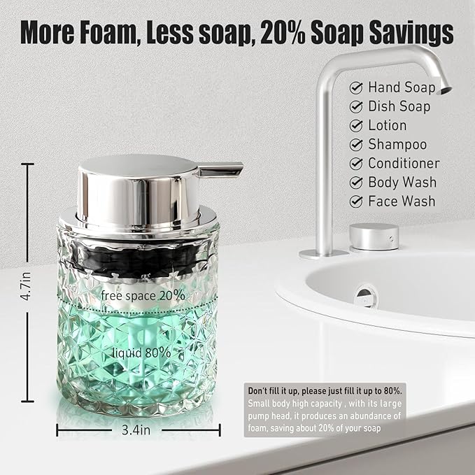 Malachi Foaming Hand Soap Dispenser, Refillable Clear Glass Pump Bottles - Image 2