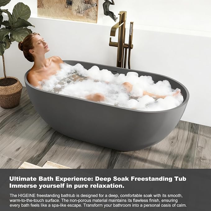 59" Premium Solid Surface Free Standing Bathtub, Oval Stone Resin Tub - Image 4