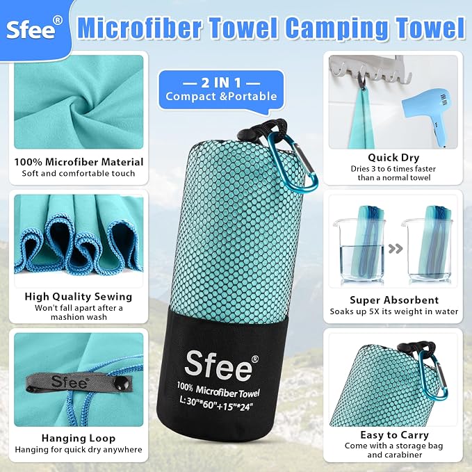Sfee XL Microfiber Towel, Quick Dry Beach Towel Set 2 Pack - Image 2