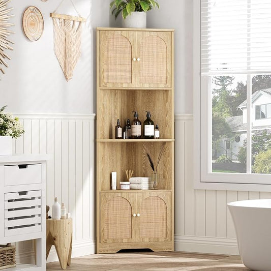 67''H Tall Corner Cabinet with Handmade Rattan Door, Rattan Storage Cabinet by FiveWillowise