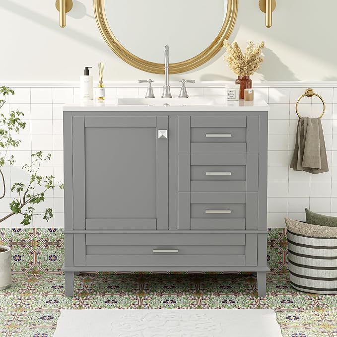36" Bathroom Vanity with Solid Pine Frame, 1 Soft Close Door and 3 Drawers by THINK30