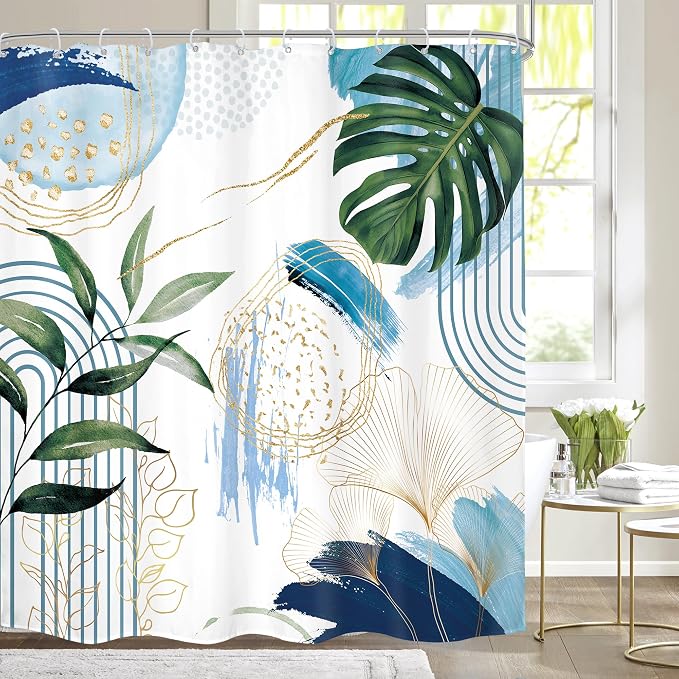 Blue Boho Shower Curtain 72Wx72H Modern Mid Century Abstract Blue Gold Tropical by MitpokBrand
