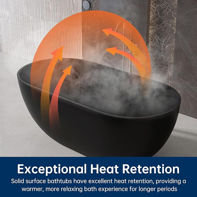 59'' Resin Stone Freestanding Bathtub, Matte Black Soaking Tub Solid Surface - Image 3