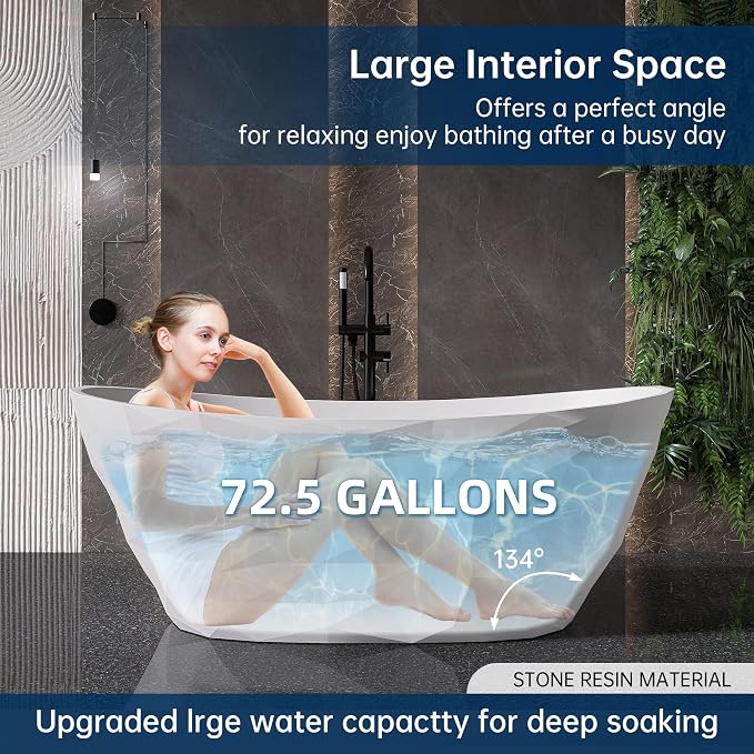 64'' Stone Resin Solid Surface Freestanding Bathtub, Modern Elegant Design - Image 6