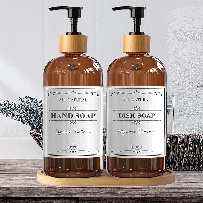 16 OZ Thick Amber Glass Soap Dispenser, Bamboo Pump - Image 6