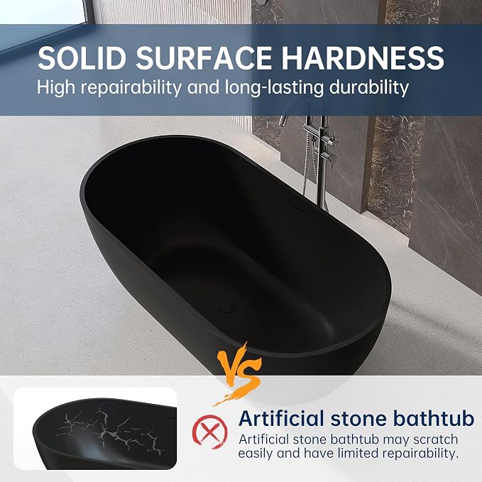 59'' Resin Stone Freestanding Bathtub, Matte Black Soaking Tub Solid Surface - Image 6