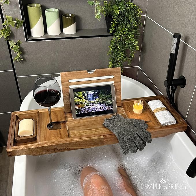 Temple Spring Wooden Bathtub Tray, Acacia Bathroom Accessories, Bath Tray - Image 5