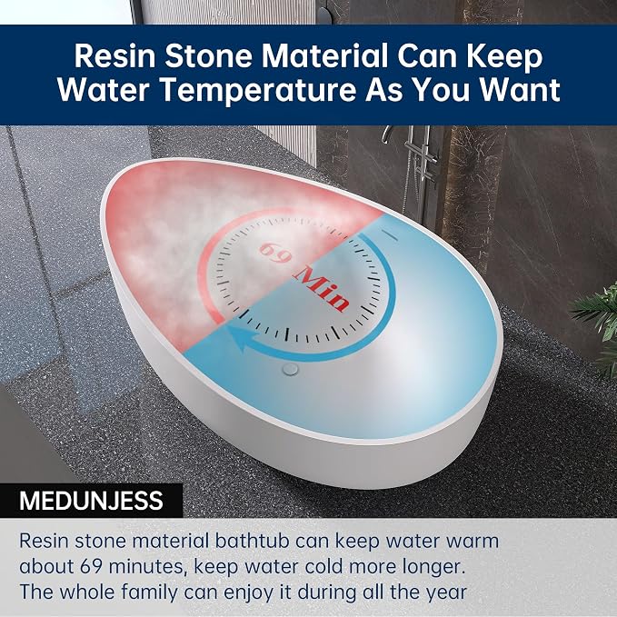 Stone Resin Freestanding Bathtub 71", Elegant Oval Shape Soaking Tub, Solid - Image 8