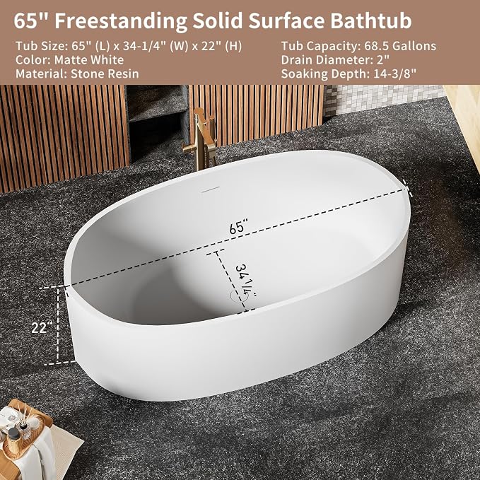 Abruzzo 65" Matte White Freestanding Solid Surface Bathtub, Stone Resin - Image 7