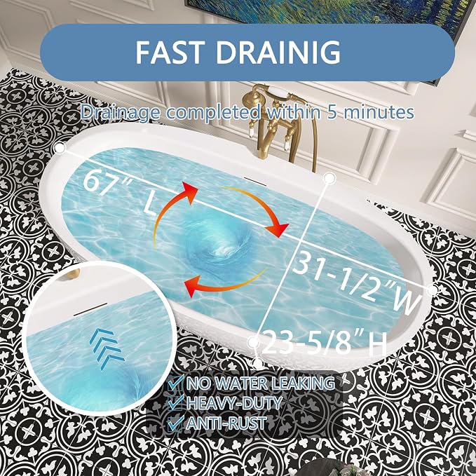 67" Free Standing Tub, Pure Acrylic Freestanding Bathtub, Stylish Stand Alone - Image 5