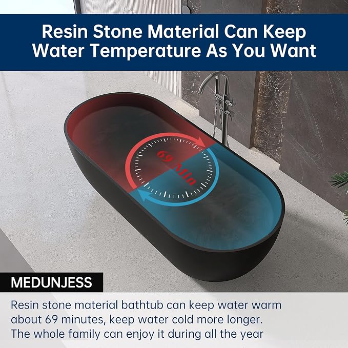 69" Stone Resin Freestanding Bathtub, Oval Solid Surface Bathroom Freestanding - Image 4