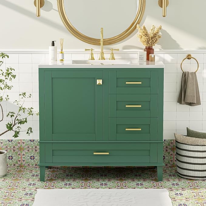 36" Bathroom Vanity with Solid Pine Frame, 1 Soft Close Door and 3 Drawers - Image 3