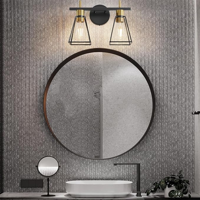 Industrial Bathroom Vanity Lights: 2 Lights Black and Gold Vintage Metal Cage - Image 4