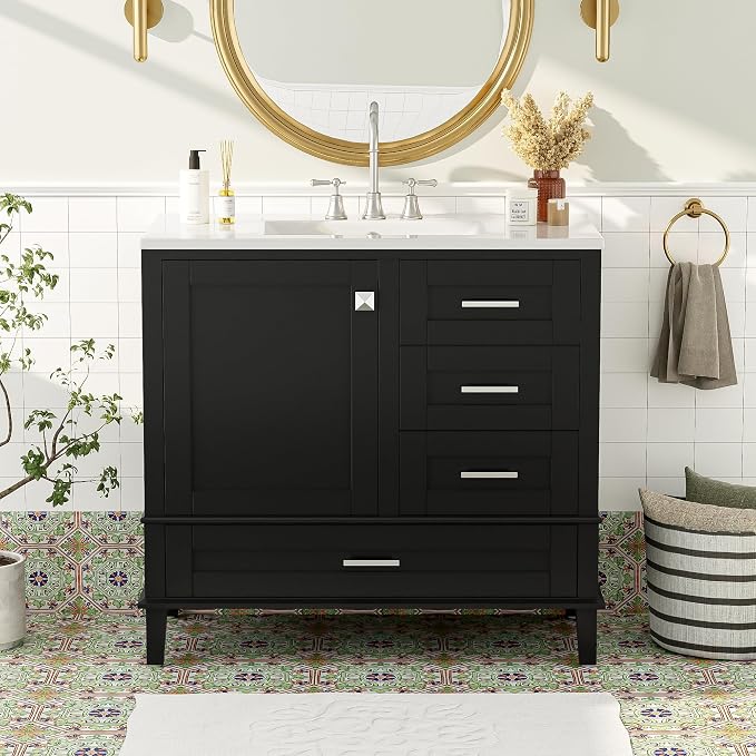 36" Bathroom Vanity with Solid Pine Frame, 1 Soft Close Door and 3 Drawers - Image 3
