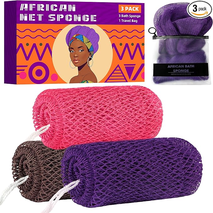 African Net Sponge Authentic, 3 Pieces Exfoliating Scrubber Bath Sponge by BHYTAKI