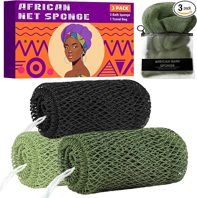 African Net Sponge Authentic, 3 Pieces Exfoliating Scrubber Bath Sponge by BHYTAKI
