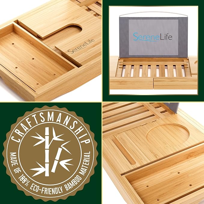 SereneLife Luxury Bamboo Bathtub Caddy Tray - Image 7