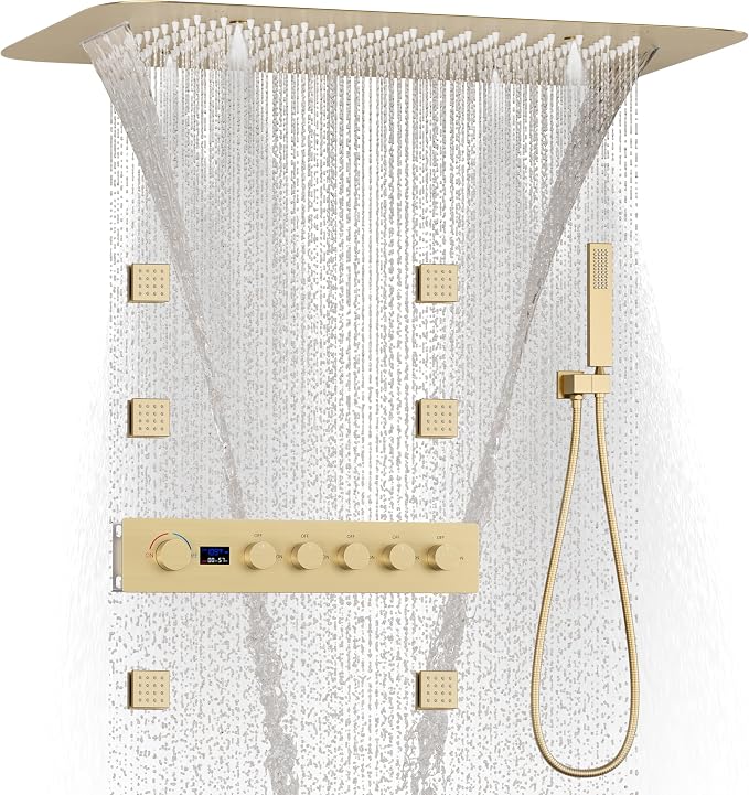 Brushed Gold 16X24 inch Ceiling Mounted Shower Head Set, Digital Display Shower by KATAIS