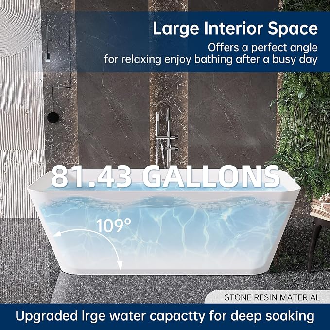 Stone Resin Freestanding Bathtub 67 ", Elegant Oval Shape Soaking Tub, Solid - Image 7