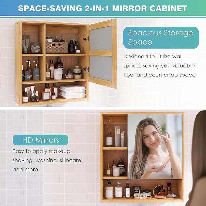 SMIBUY Bathroom Mirror Cabinet Wall Mounted, Bamboo Space Saver Medicine Cabinet - Image 8