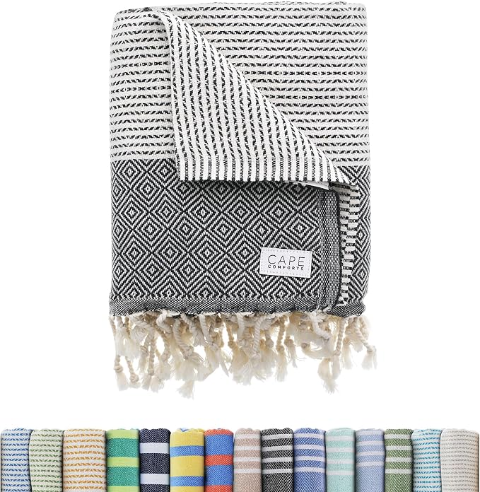 Oversized Turkish Beach Towel, Diamond Dobby Charcoal by CapeComforts