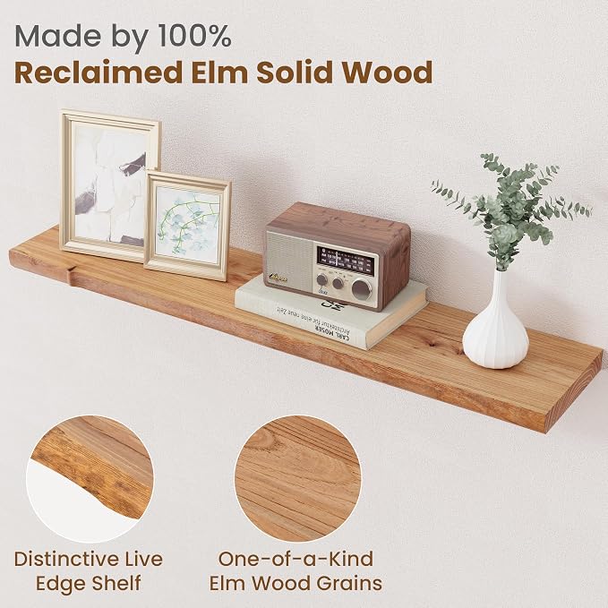 Floating Shelves for Wall Decor, Rustic Solid Elm Wood Live Edge Floating - Image 3