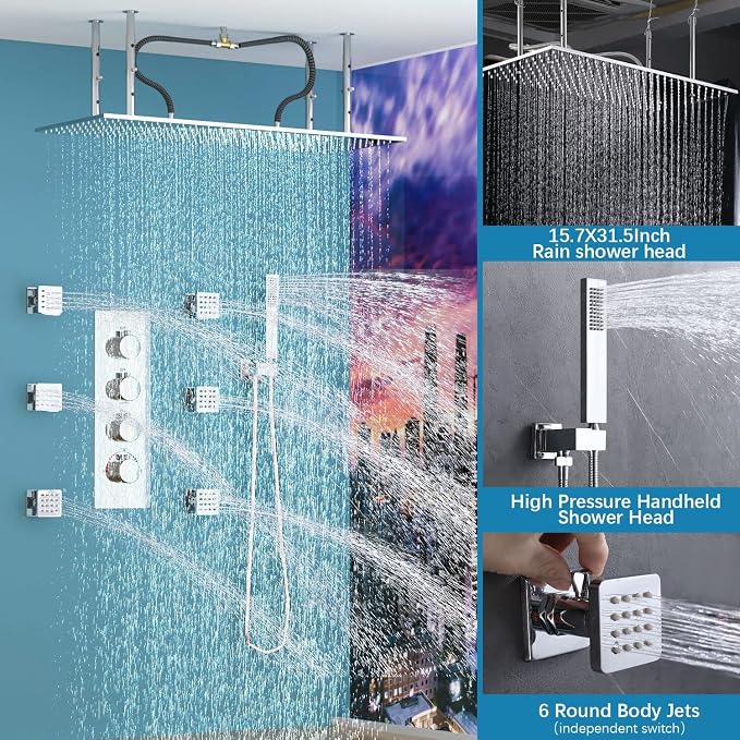 Bathroom Shower System, 16X32 inches Ceiling Mount Thermostatic Large Rain - Image 6