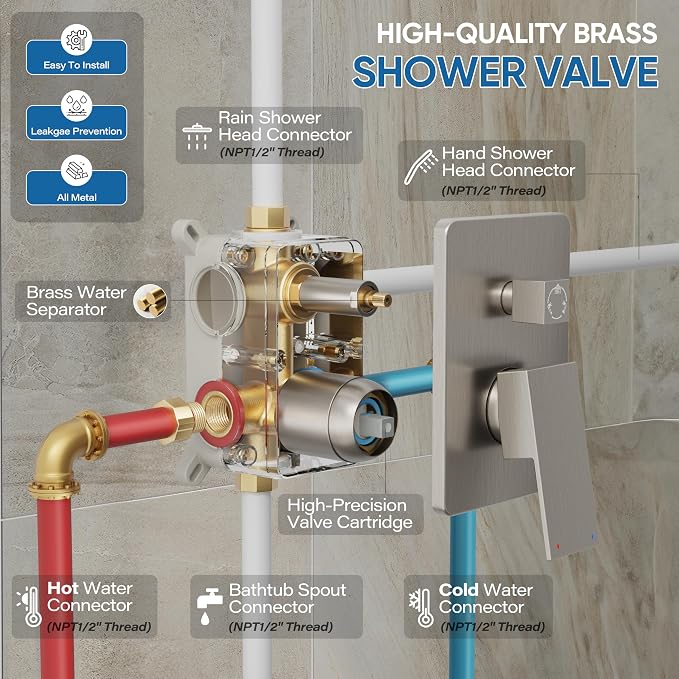 Shower System with Tub Spout, All Metal Tub Shower Faucet Set with 10" Rain - Image 6